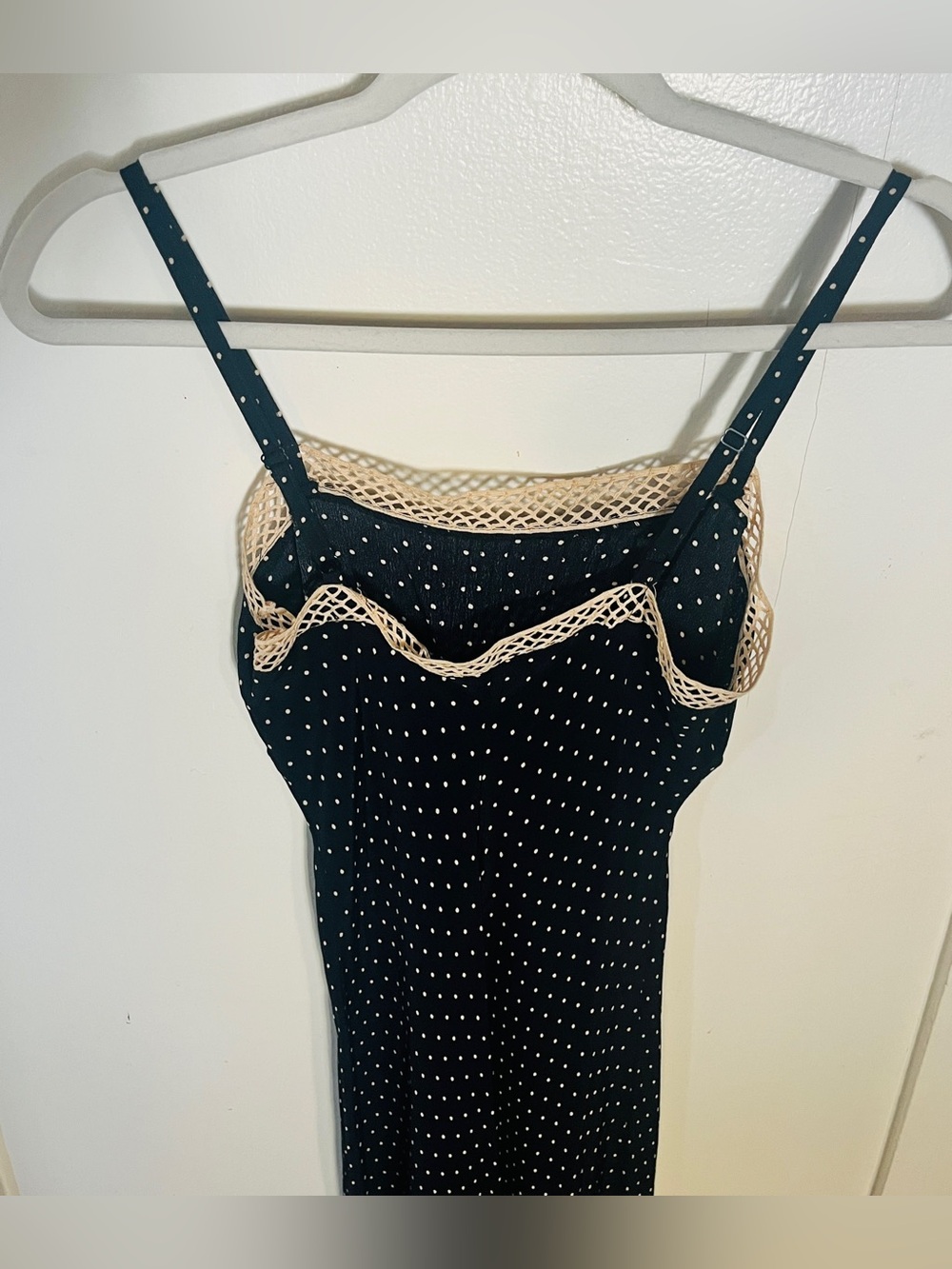Betsey Johnson Black Polka Dot Slip Dress with Beige Lace Trim Petite - Picture 2 of 6
